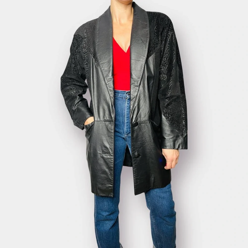 80s Comint Leather and Textured Suede Black Mid Length Coat‎